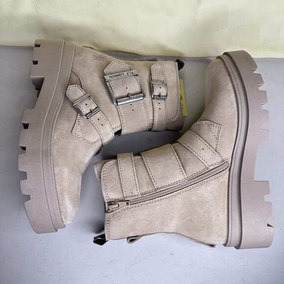 Fly London Jeda817fly Suede Leather Buckled Lug Boots Cream Women 35/4.5 NWB - Picture 9 of 12